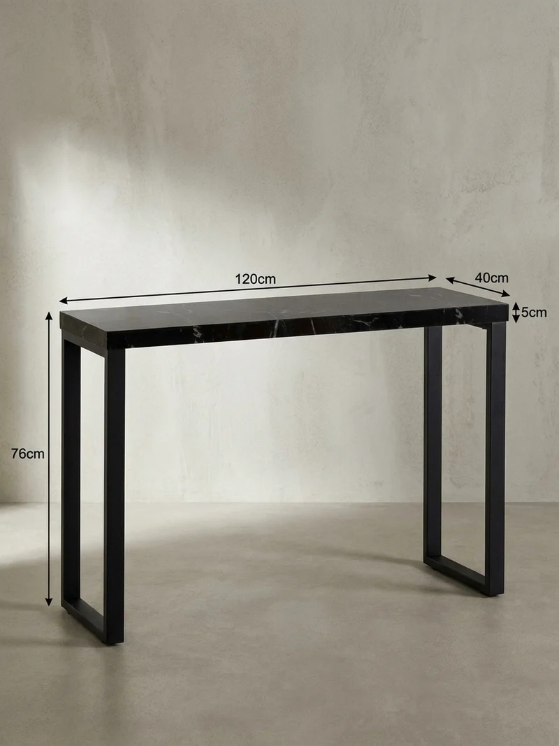 Konsolentisch – Marmoroptik Schwarz, 120x40x76 cm, Hochglanz, Metallbeine