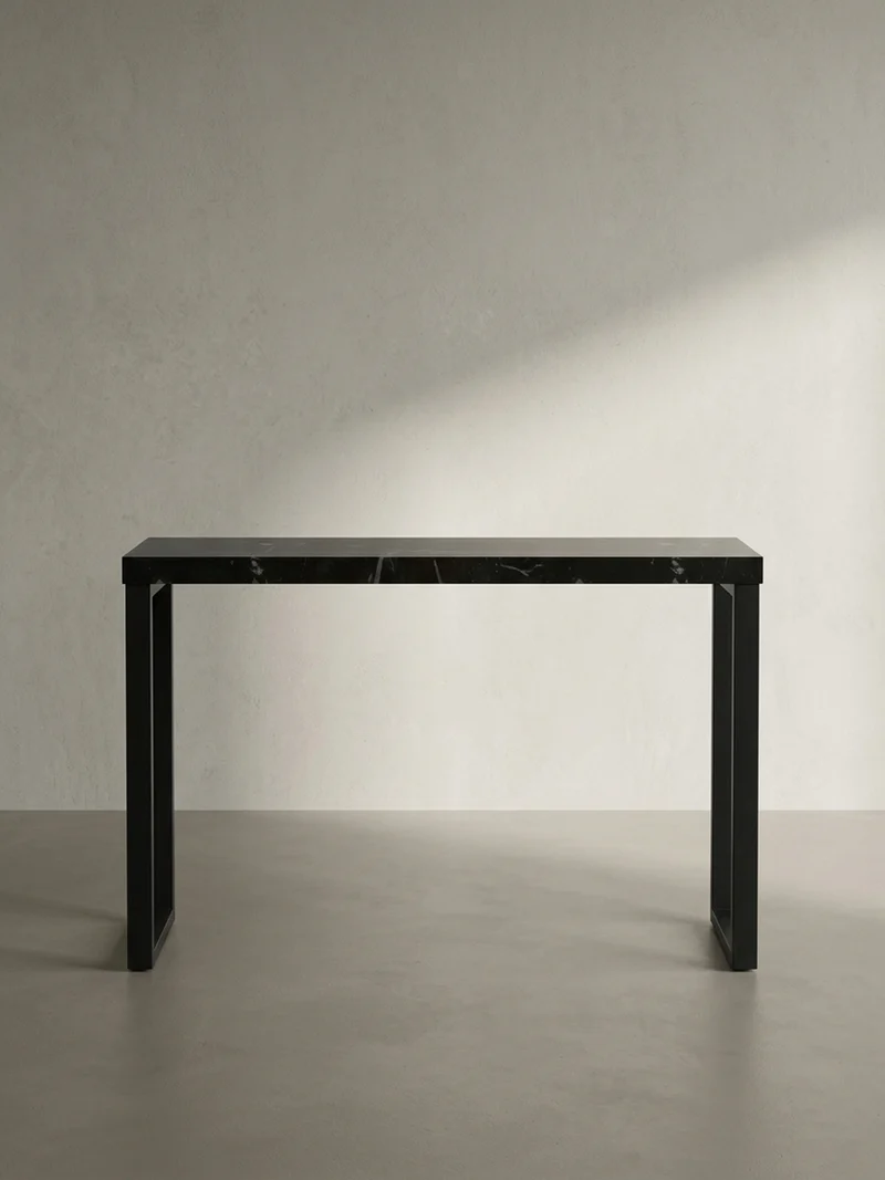 Konsolentisch – Marmoroptik Schwarz, 120x40x76 cm, Hochglanz, Metallbeine
