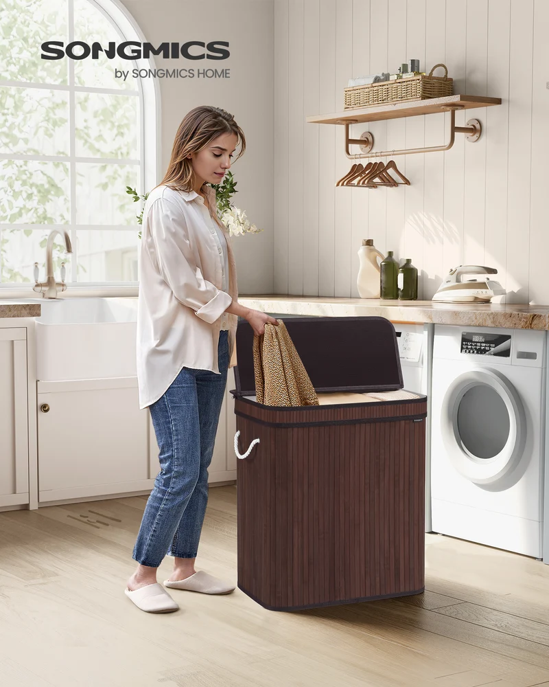 Laundry Basket with Lid Bamboo Laundry Storage, Removable Machine Washable Laundry Hamper with Handles, 26.4 Gallons, for Laundry Room
