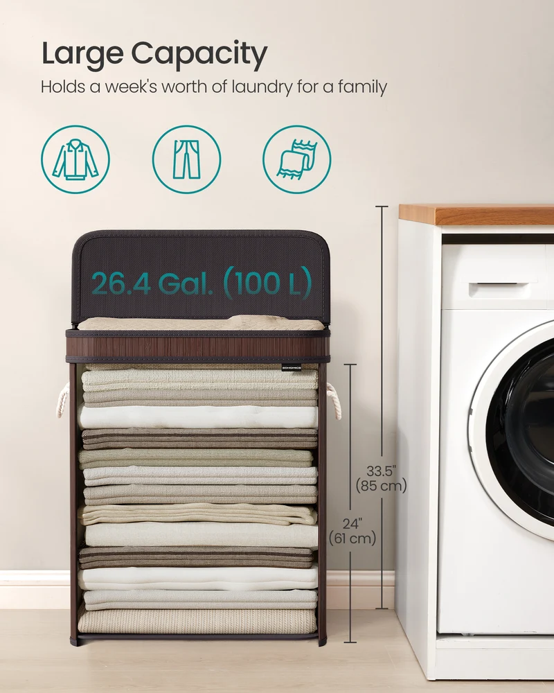 Laundry Basket with Lid Bamboo Laundry Storage, Removable Machine Washable Laundry Hamper with Handles, 26.4 Gallons, for Laundry Room