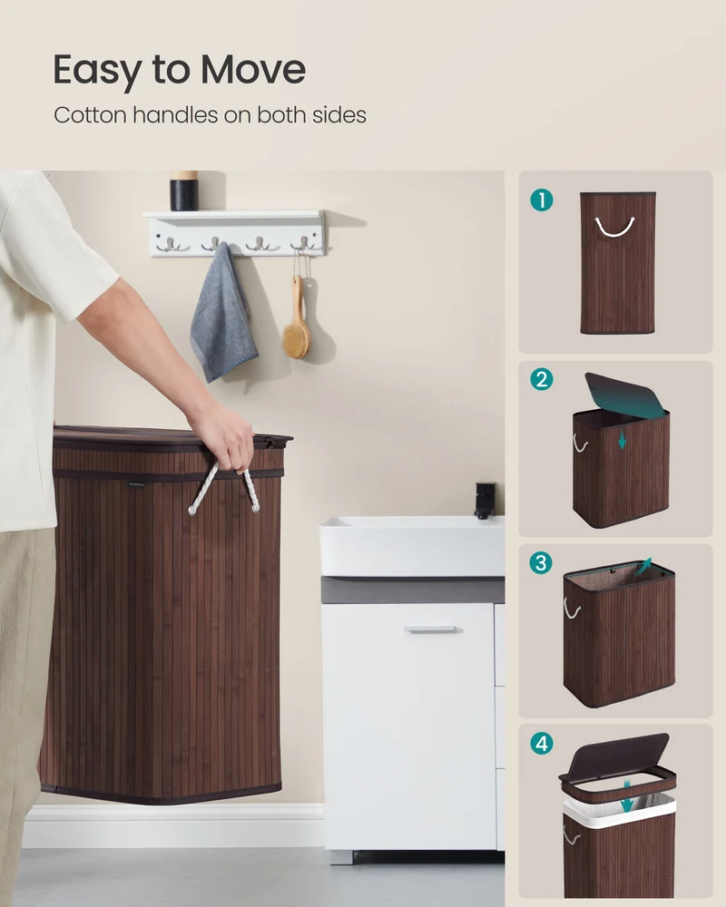 Laundry Basket with Lid Bamboo Laundry Storage, Removable Machine Washable Laundry Hamper with Handles, 26.4 Gallons, for Laundry Room