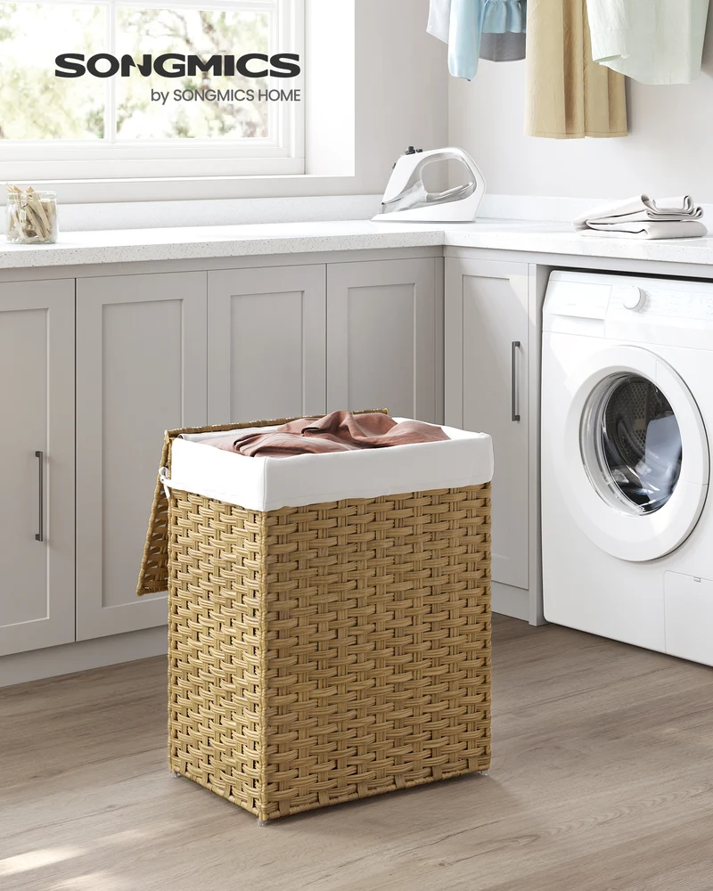 Laundry Hamper Sorter 23.8 Gal Synthetic Rattan Clothes Laundry Basket Storage with Lid and Handles, Removable Liner Laundry Sorter