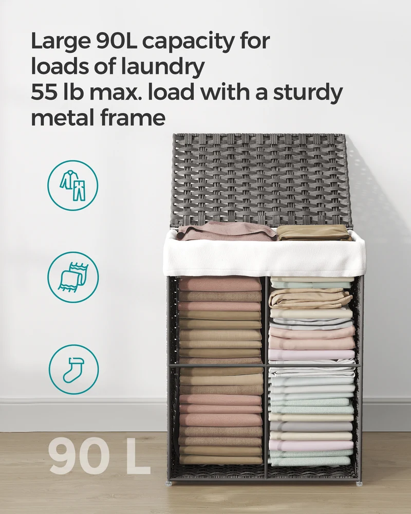Laundry Hamper Sorter 23.8 Gal Synthetic Rattan Clothes Laundry Basket Storage with Lid and Handles, Removable Liner Laundry Sorter