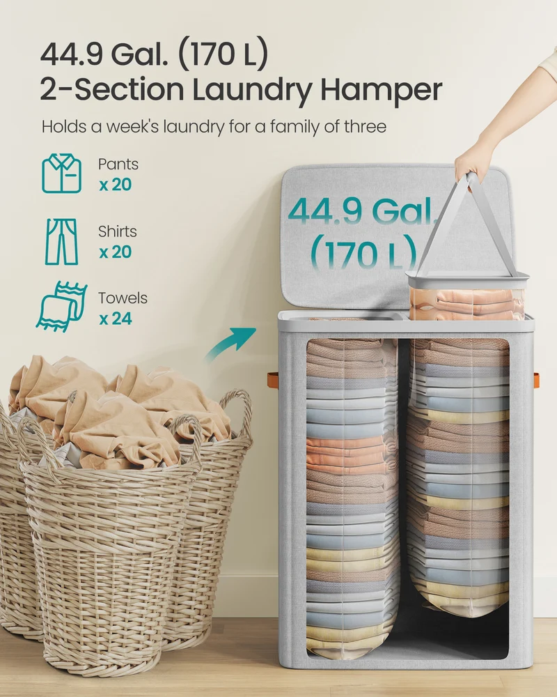 44.9 Gal Large Laundry Hamper with Lid, 2 Compartment Dirty Clothes Basket, Removable Inner Bags & Handles, 22x15.7x29.5 Inches, Dove Gray