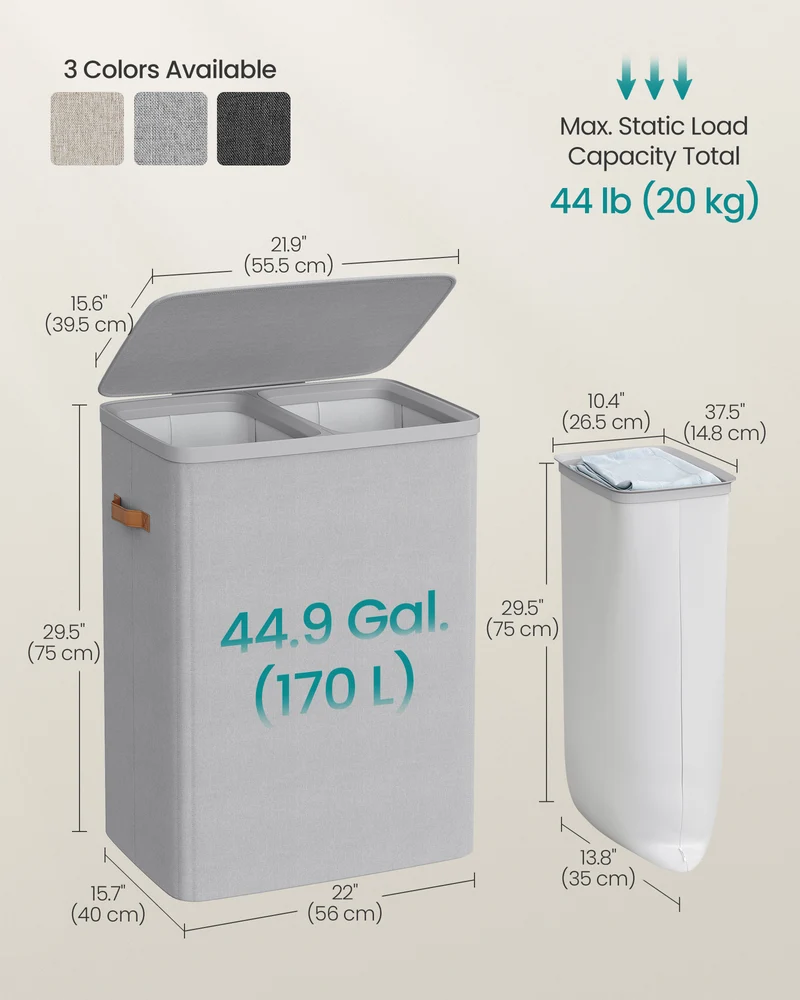 44.9 Gal Large Laundry Hamper with Lid, 2 Compartment Dirty Clothes Basket, Removable Inner Bags & Handles, 22x15.7x29.5 Inches, Dove Gray