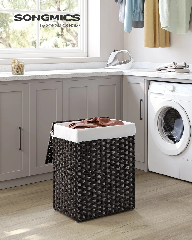 SONGMICS Handwoven Laundry Hamper, 23.8 Gal (90L) Synthetic Rattan Clothes Laundry Basket with Lid and Handles, Foldable, Removable Liner Bag, Black