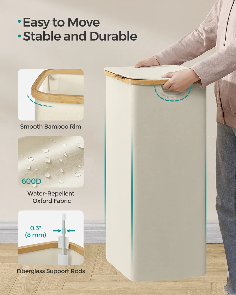 SONGMICS Laundry Hamper with Lid, Large Laundry Basket, 23.8 Gallons (90L), Removable Mesh Liner, Bamboo Handles, Collapsible Cream White