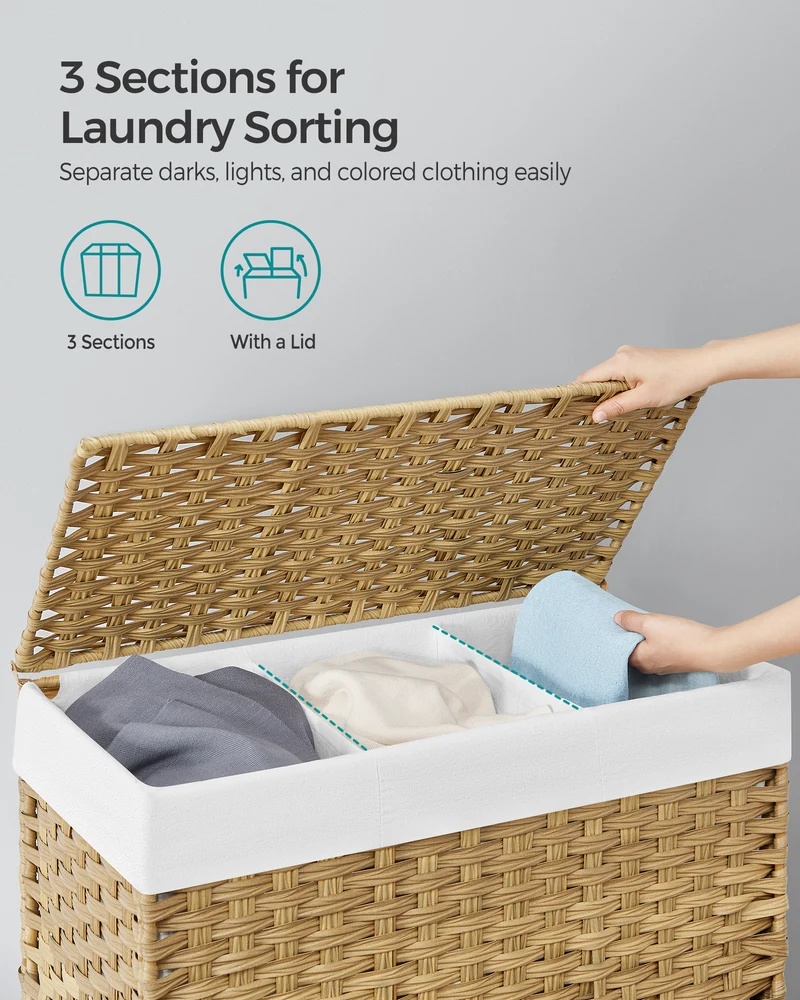 SONGMICS Laundry Hamper with Lid, 37 Gallons (140 L), Rolling Laundry Basket with Wheels, 3-Section Synthetic Rattan, Removable Liner, Natural