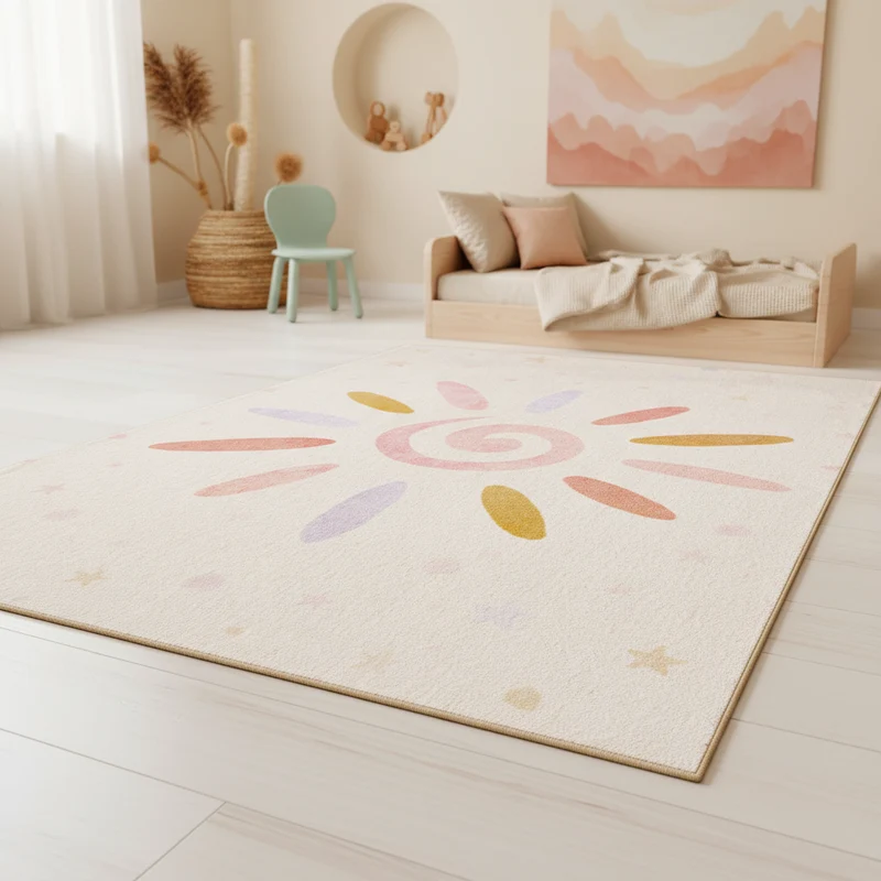 Kinderteppich Flachgewebe Floral-Sonne – Rutschfest & Waschbar für Kinderzimmer