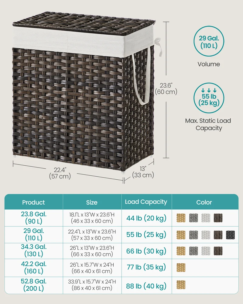 SONGMICS 110L Laundry Hamper with Lid Clothes Hamper with 2 Removable Liner Bags & 6 Mesh Bags Brown