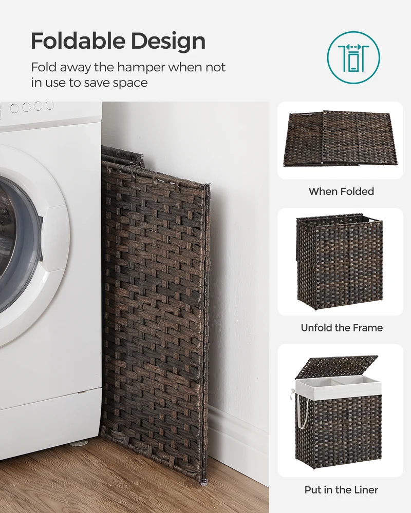 SONGMICS 110L Laundry Hamper with Lid Clothes Hamper with 2 Removable Liner Bags & 6 Mesh Bags Brown