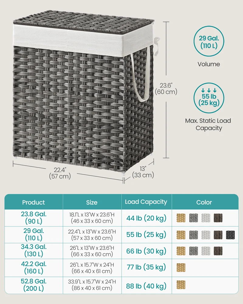 SONGMICS 110L Laundry Hamper with Lid Clothes Hamper with 2 Removable Liner Bags & 6 Mesh Bags Gray