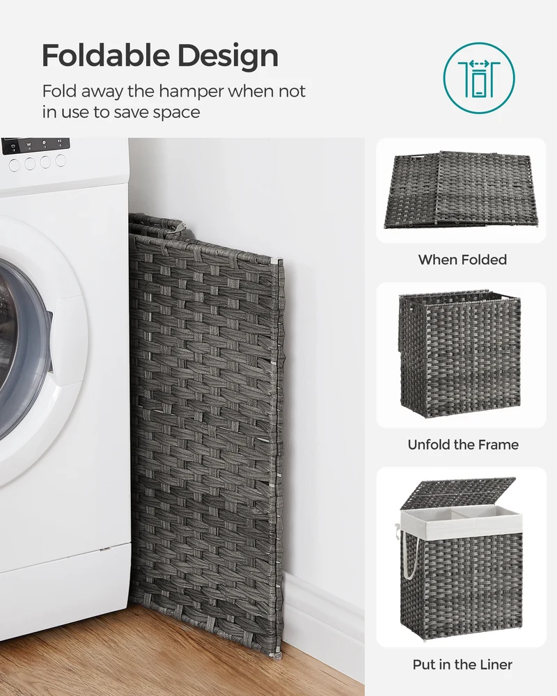 SONGMICS 110L Laundry Hamper with Lid Clothes Hamper with 2 Removable Liner Bags & 6 Mesh Bags Gray