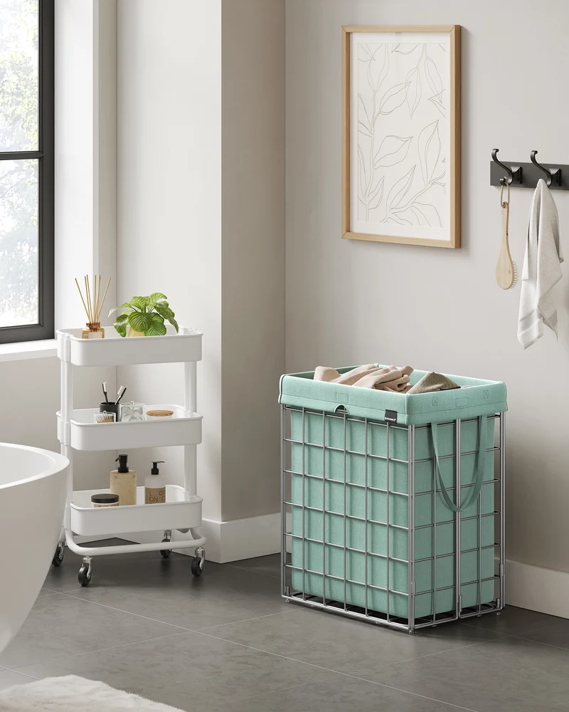 SONGMICS Laundry Hamper, 23.8 Gal. Laundry Basket, Collapsible Clothes Hamper, Removable and Washable Liner for Bedroom Bathroom Silver and Mint Green