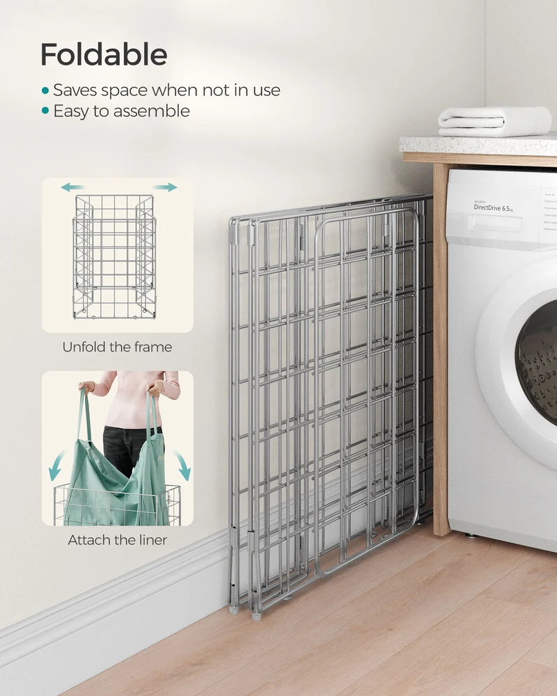 SONGMICS Laundry Hamper, 23.8 Gal. Laundry Basket, Collapsible Clothes Hamper, Removable and Washable Liner for Bedroom Bathroom Silver and Mint Green