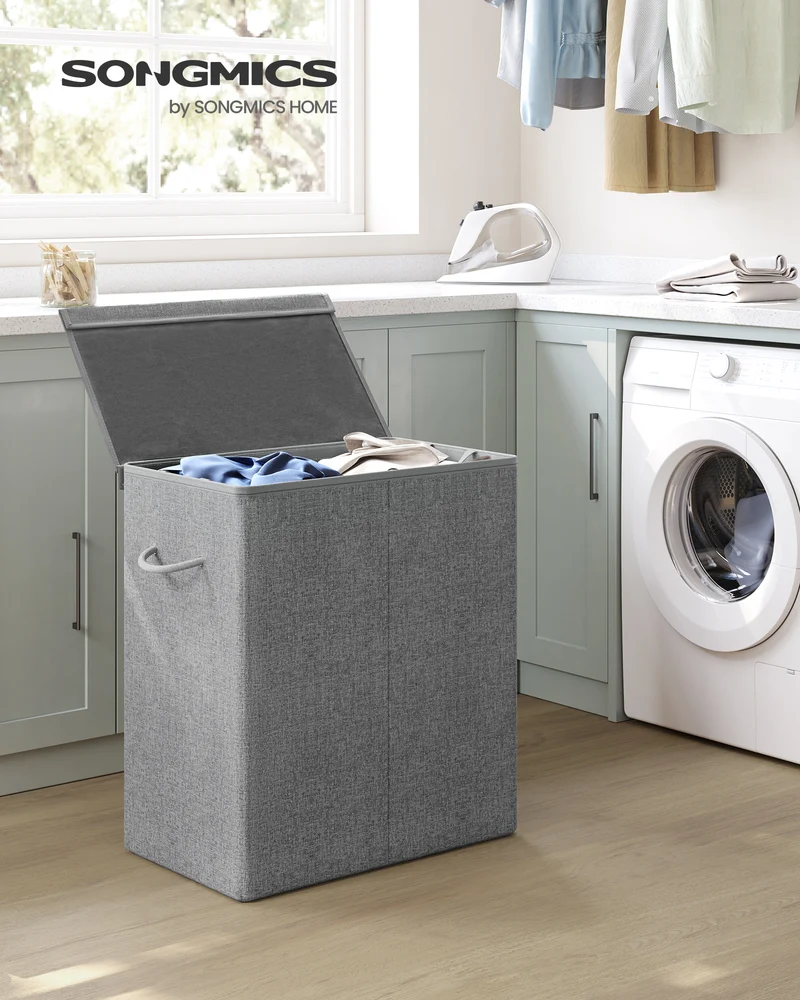 SONGMICS 142L Double Laundry Hamper with Lid Clothes Hamper with Removable Fabric Bag with Handles Gray 55.49