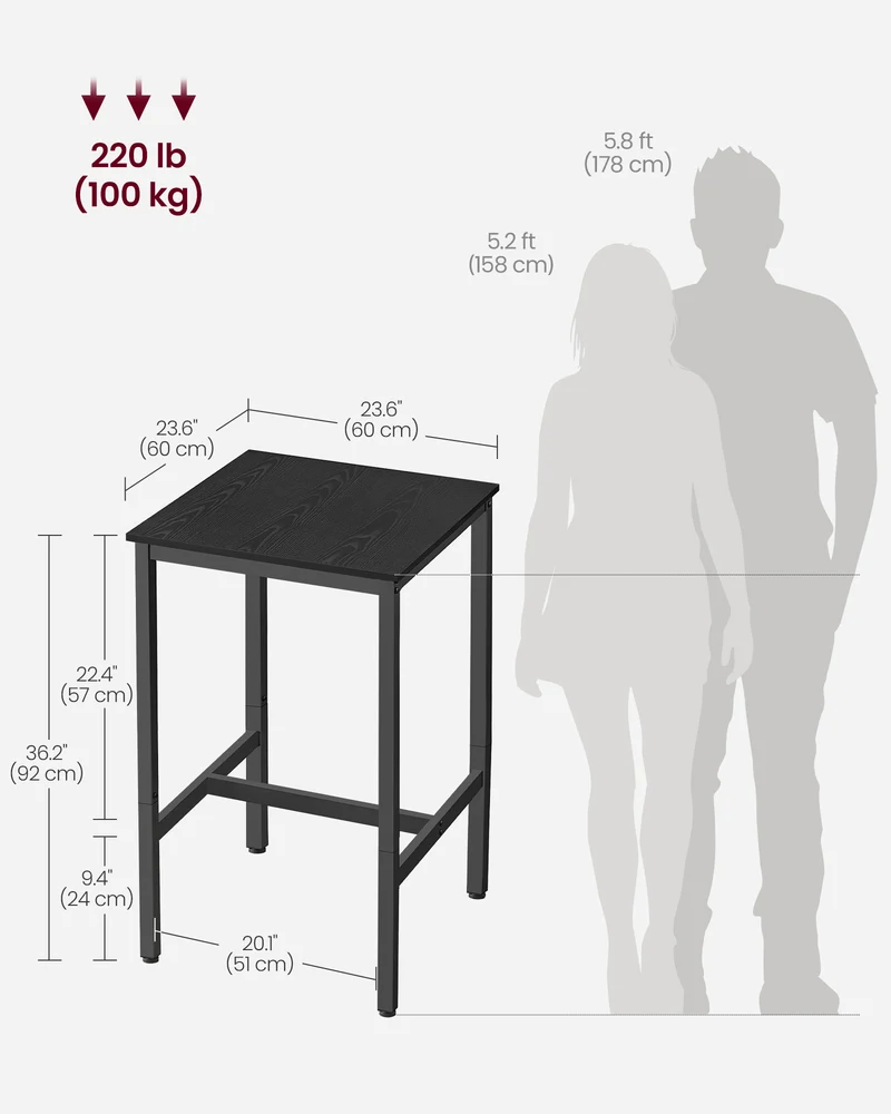 VASAGLE Bar Table, Small Kitchen Dining Table, High Top Pub Table, Height Cocktail Table, Sturdy Metal Frame, Ebony Black and Black
