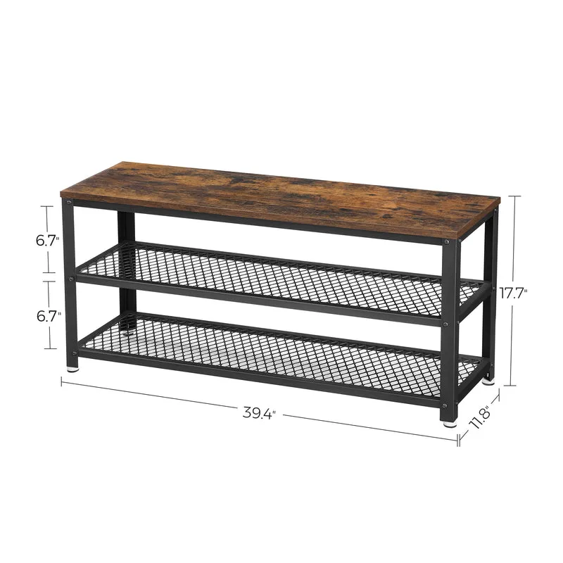 VASAGLE, 3-Tier Shoe Rack, Shelf Storage Bench with Metal Mesh Shelves and Seat, Free Standing Shoe Organizer for Entryway, 11.8 x 39.4 x 17.7 Inches, Rustic Brown and Black