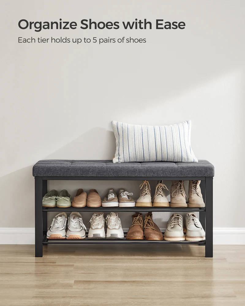Shoe Bench, Storage Bench, Entryway Bench with Cushion, Shoe Shelf with Seat, Storage Organizer with Foam Padded Seat Linen Metal Frame