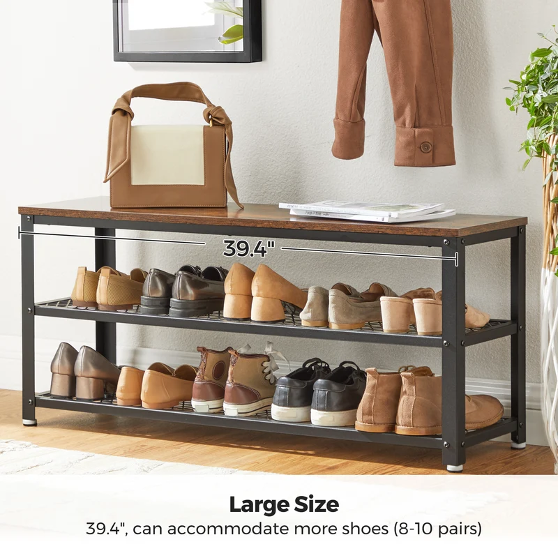 3-Tier Shoe Rack, Shelf Storage Bench with Metal Mesh Shelves and Seat, Free Standing Shoe Organizer for Entryway, 11.8 x 39.4 x 17.7 Inches