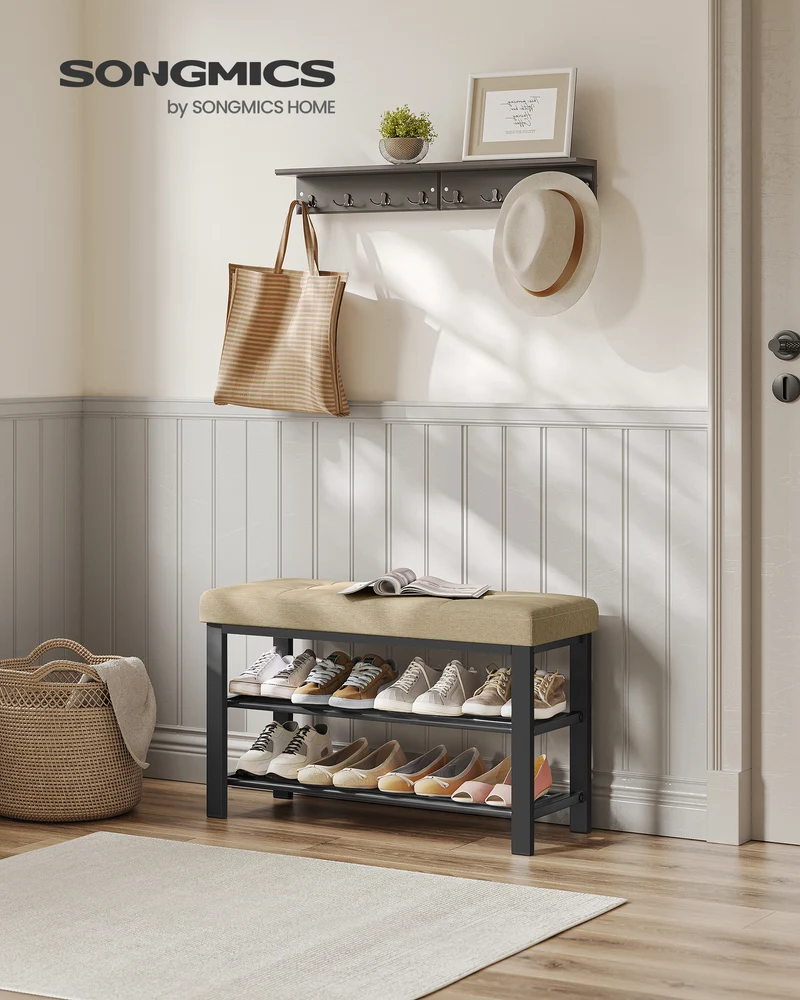 Shoe Bench, Storage Bench, Entryway Bench with Cushion, Shoe Shelf with Seat, Storage Organizer with Foam Padded Seat Linen Metal Frame