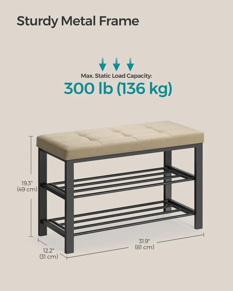 Shoe Bench, Storage Bench, Entryway Bench with Cushion, Shoe Shelf with Seat, Storage Organizer with Foam Padded Seat Linen Metal Frame