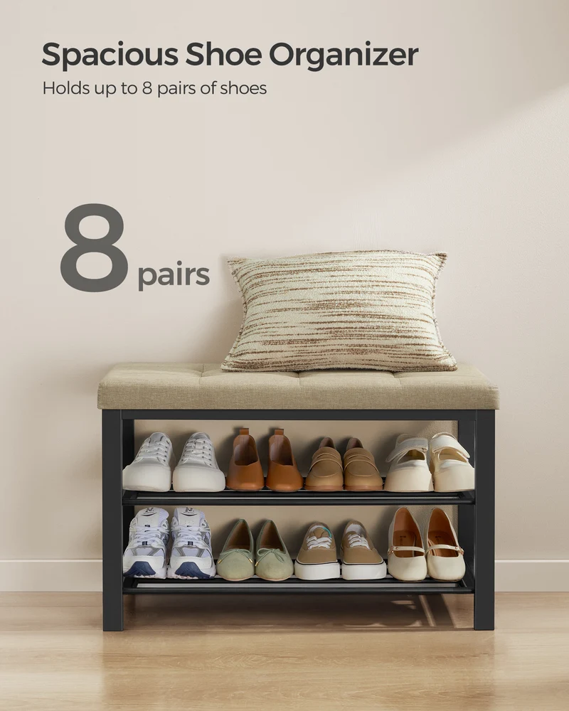 Shoe Bench, Storage Bench, Entryway Bench with Cushion, Shoe Shelf with Seat, Storage Organizer with Foam Padded Seat Linen Metal Frame