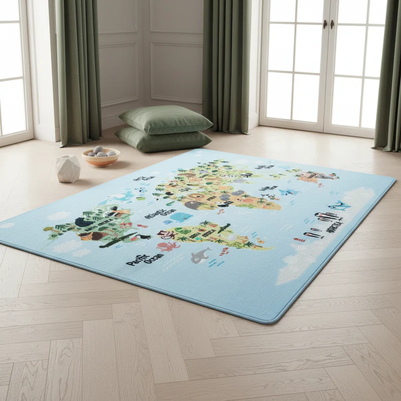 Kinderteppich Flachgewebe Weltkarte mit Tieren – Rutschfest & Waschbar für Kinderzimmer