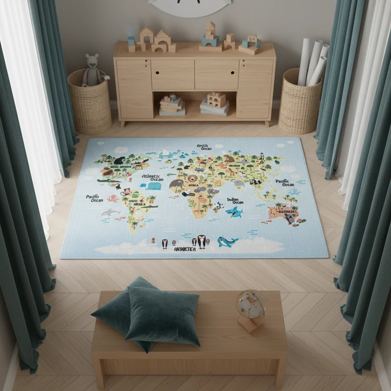Kinderteppich Flachgewebe Weltkarte mit Tieren – Rutschfest & Waschbar für Kinderzimmer