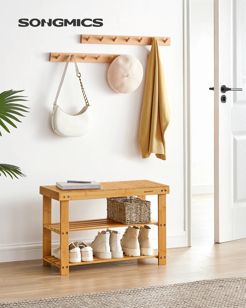 Shoe Rack Bench, 3-Tier Bamboo Shoe Storage Organizer, Entryway Bench, Holds Up to 286 lb, 11.3 x 27.6 x 17.8 Inches, for Entryway Bathroom Bedroom