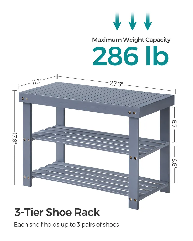 Shoe Rack Bench, 3-Tier Bamboo Shoe Storage Organizer, Entryway Bench, Holds Up to 286 lb, 11.3 x 27.6 x 17.8 Inches, for Entryway Bathroom Bedroom
