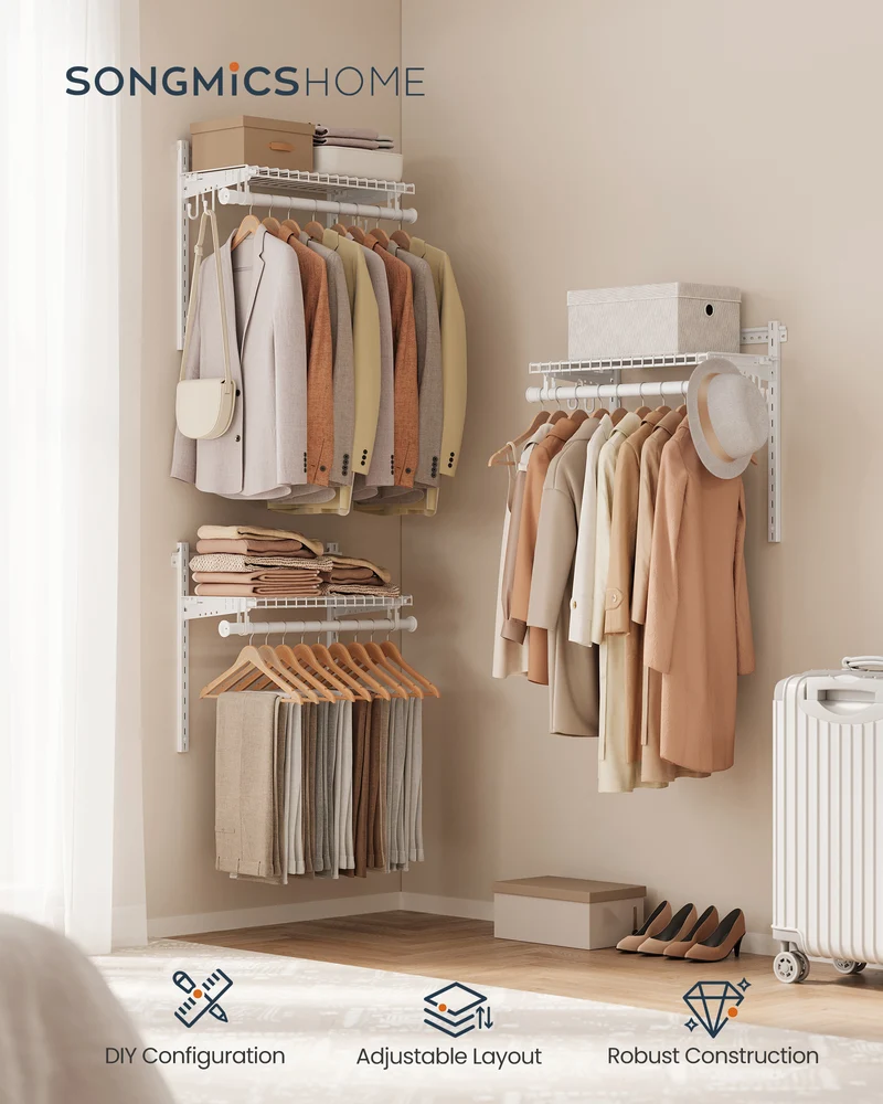 SONGMICS HOME Closet System, Closet Insert Organizer, 4-6 ft, Adjustable Metal Shelving Unit with 4 Hanging Rods, 4 Shelves, Hooks, Cloud White