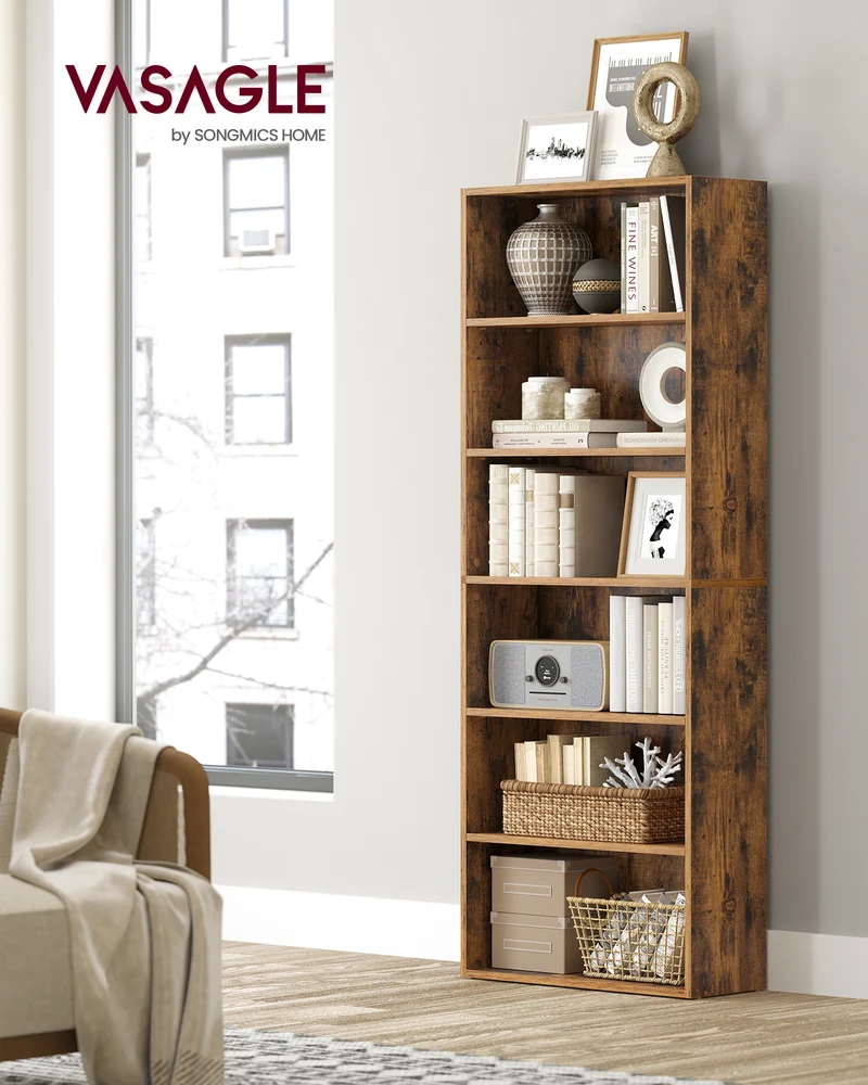 Wide 6-Tier Bookshelf, 23.6 Inches, Open Bookcase with Adjustable Storage Shelves - Floor Standing Unit, Brown