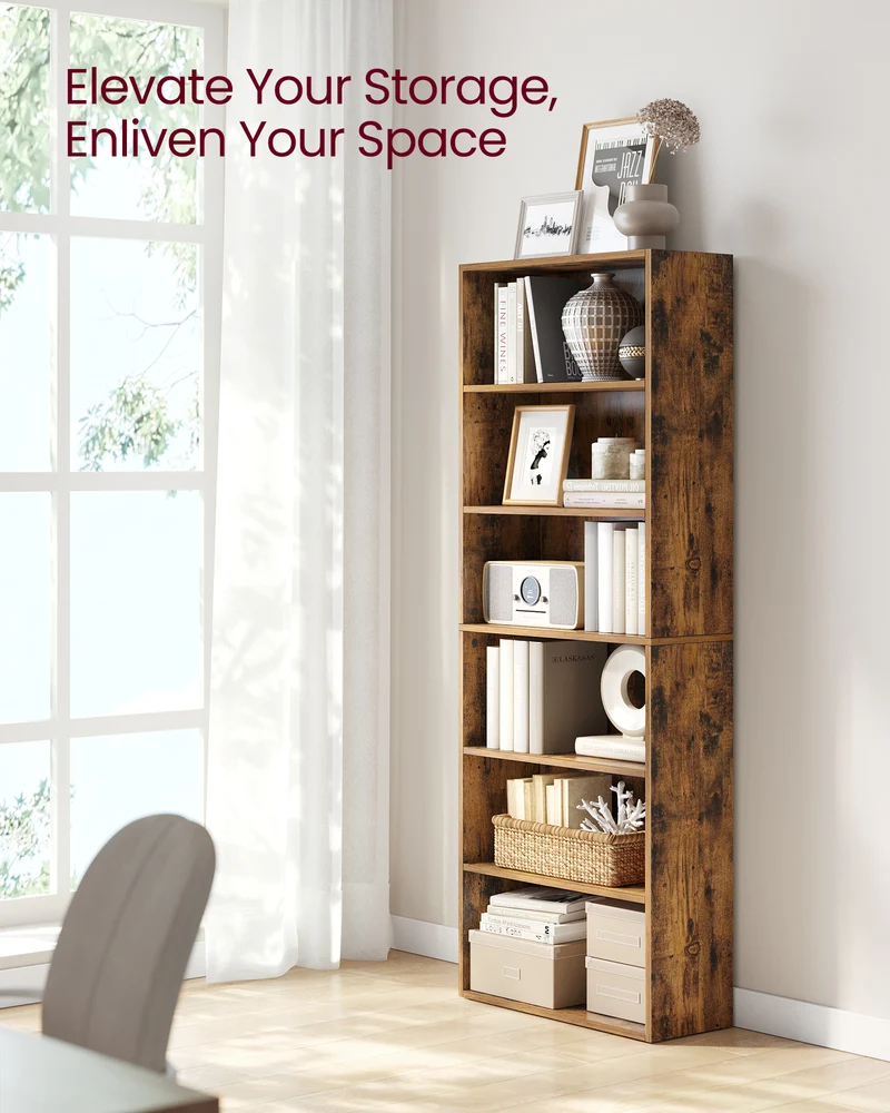 Wide 6-Tier Bookshelf, 23.6 Inches, Open Bookcase with Adjustable Storage Shelves - Floor Standing Unit, Brown