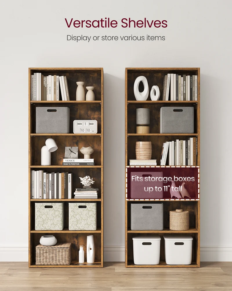 Wide 6-Tier Bookshelf, 23.6 Inches, Open Bookcase with Adjustable Storage Shelves - Floor Standing Unit, Brown