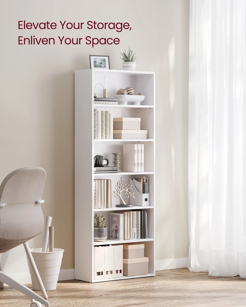 Wide 6-Tier Bookshelf, 23.6 Inches, Open Bookcase with Adjustable Storage Shelves - Floor Standing Unit, White
