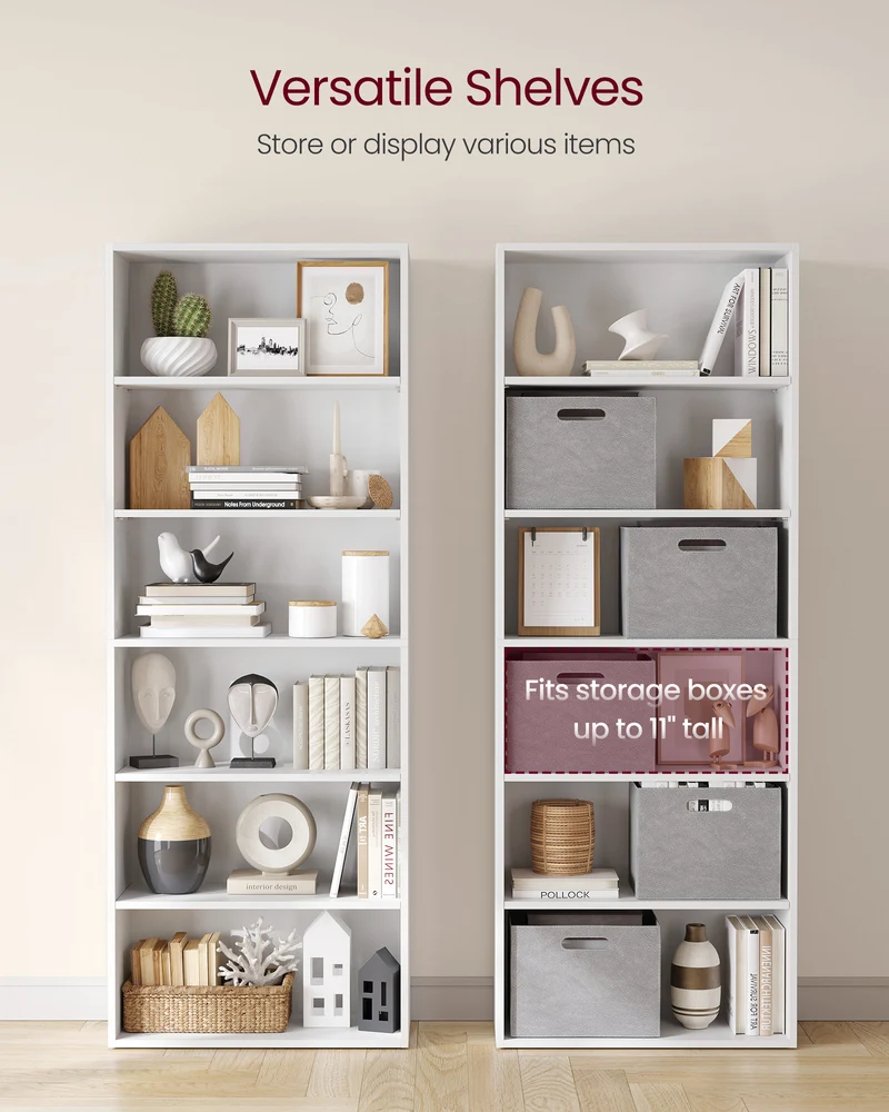Wide 6-Tier Bookshelf, 23.6 Inches, Open Bookcase with Adjustable Storage Shelves - Floor Standing Unit, White