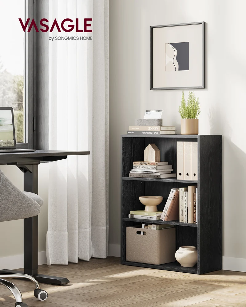3-Tier Bookshelf, 23.6 Inches Wide, Open Bookcase with Adjustable Storage Shelves, Floor Standing Unit, Ebony Black