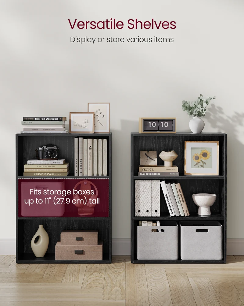 3-Tier Bookshelf, 23.6 Inches Wide, Open Bookcase with Adjustable Storage Shelves, Floor Standing Unit, Ebony Black