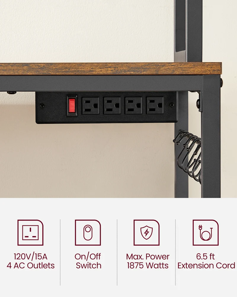 VASAGLE Hutch Bakers Rack with Power Outlet, Kitchen Storage Shelf, Rustic Brown and Black