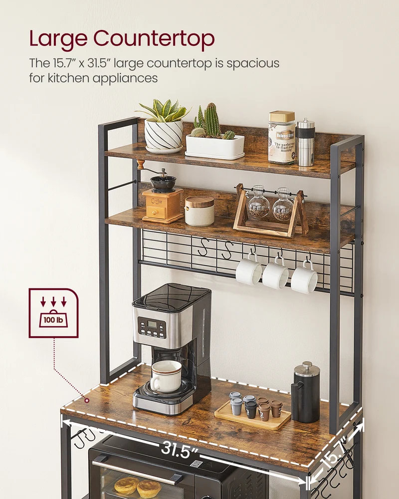 VASAGLE Hutch Bakers Rack with Power Outlet, Kitchen Storage Shelf, Rustic Brown and Black