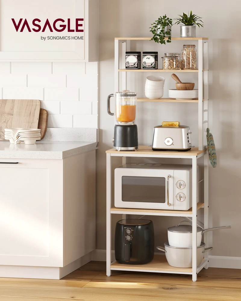 VASAGLE Baker's Rack Microwave Oven Stand Kitchen Tall Utility Storage Shelf 6 Hooks and Metal Frame, Oak Color and White