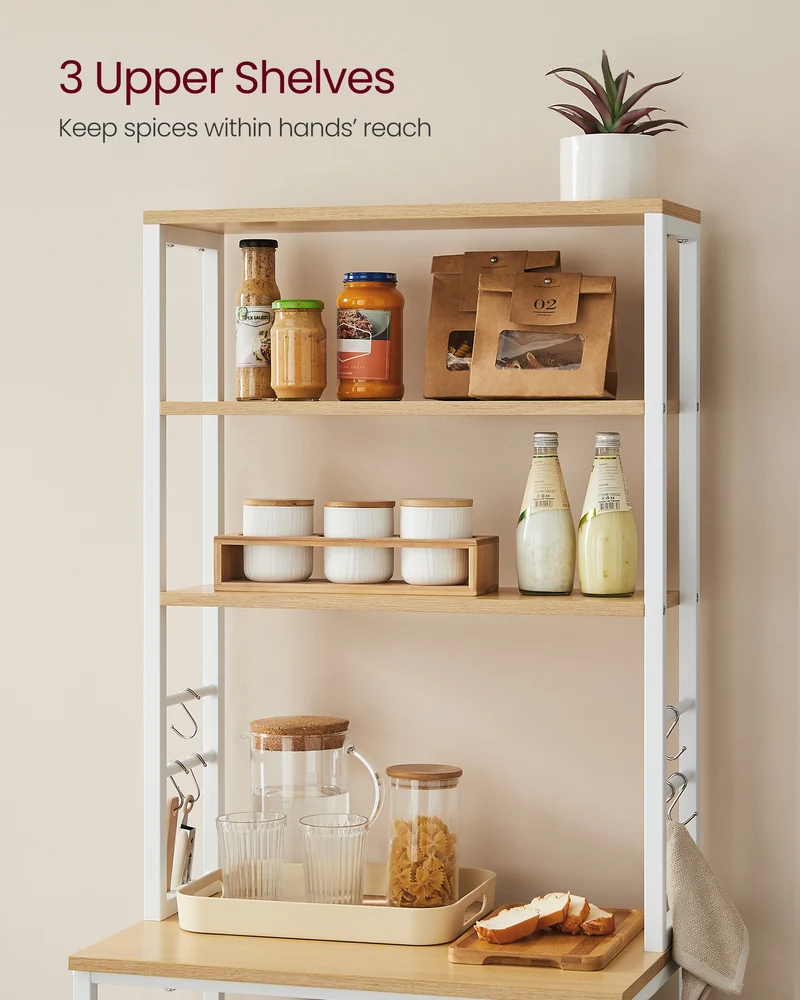 VASAGLE Baker's Rack Microwave Oven Stand Kitchen Tall Utility Storage Shelf 6 Hooks and Metal Frame, Oak Color and White
