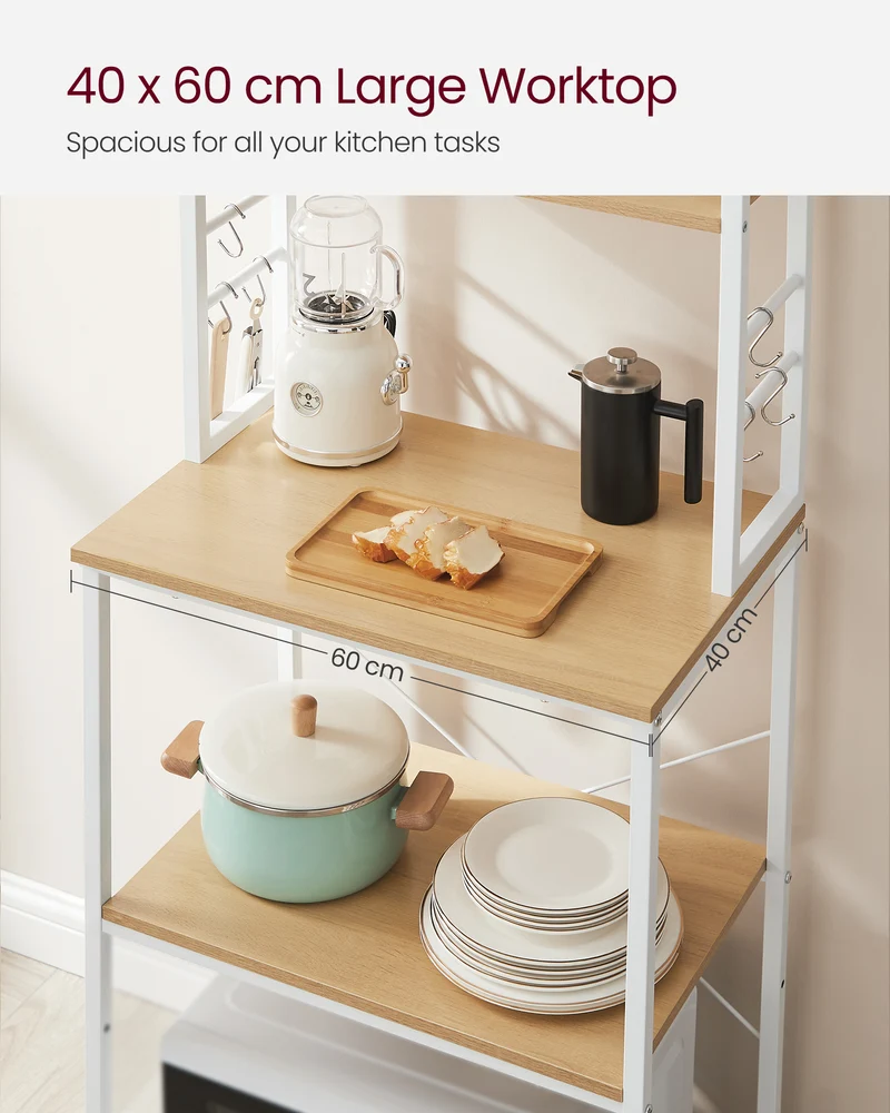 VASAGLE Baker's Rack Microwave Oven Stand Kitchen Tall Utility Storage Shelf 6 Hooks and Metal Frame, Oak Color and White