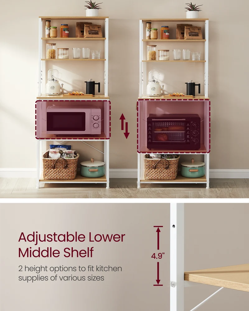 VASAGLE Baker's Rack Microwave Oven Stand Kitchen Tall Utility Storage Shelf 6 Hooks and Metal Frame, Oak Color and White