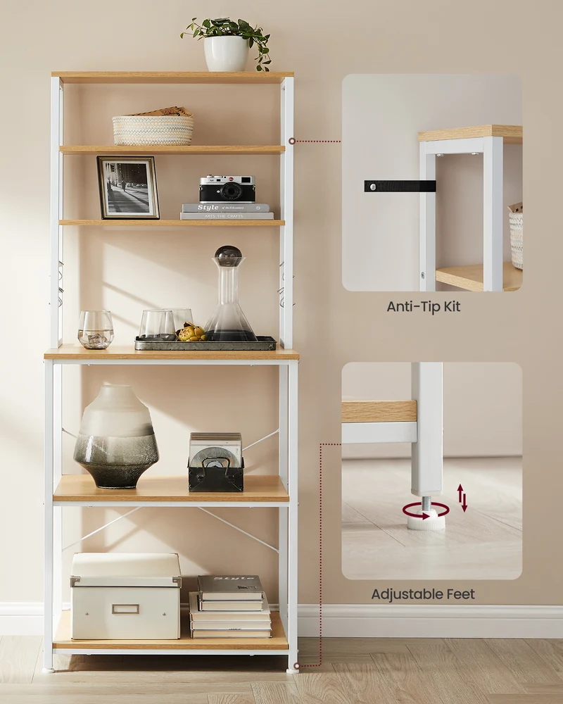 VASAGLE Baker's Rack Microwave Oven Stand Kitchen Tall Utility Storage Shelf 6 Hooks and Metal Frame, Oak Color and White