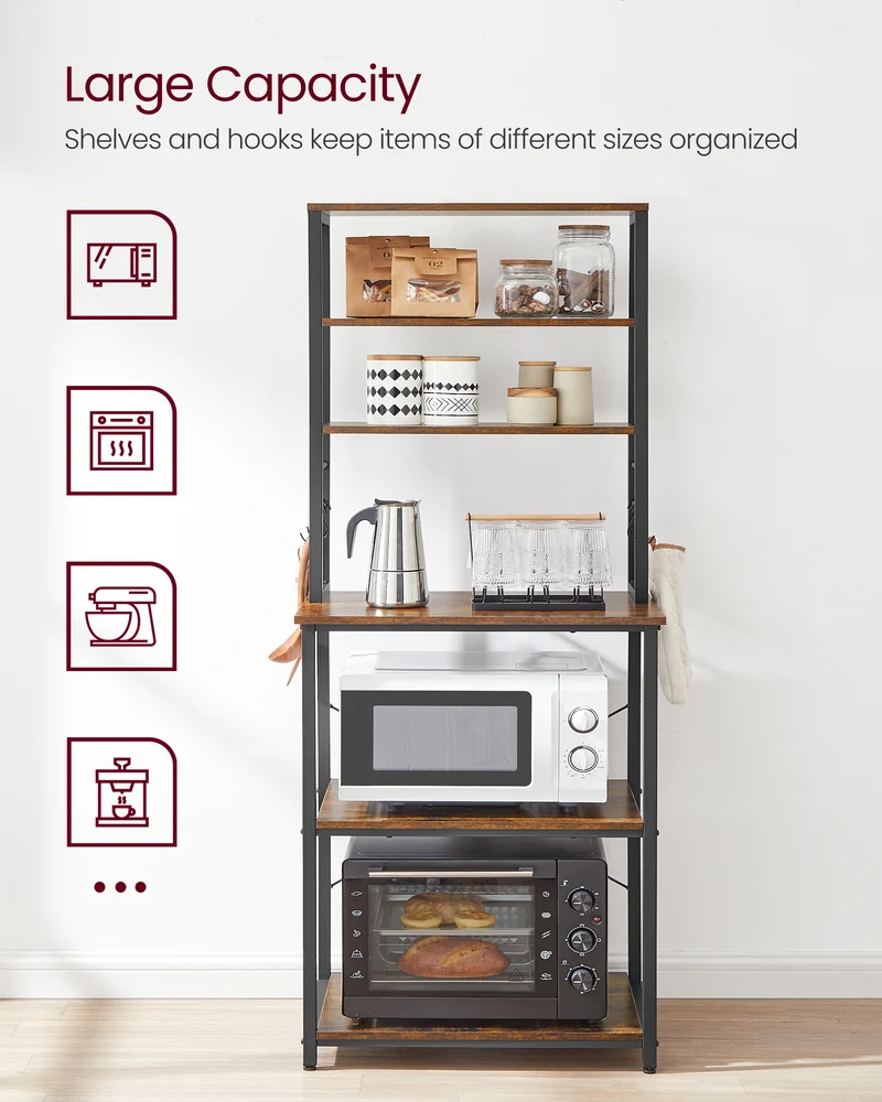 VASAGLE Baker's Rack Microwave Oven Stand Kitchen Tall Utility Storage Shelf 6 Hooks and Metal Frame Rustic Brown and Black