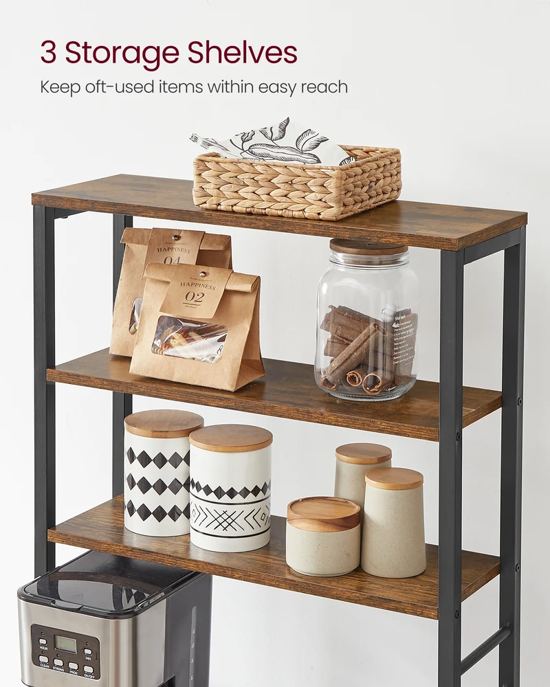 VASAGLE Baker's Rack Microwave Oven Stand Kitchen Tall Utility Storage Shelf 6 Hooks and Metal Frame Rustic Brown and Black