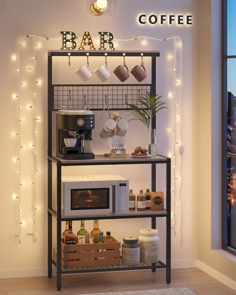 VASAGLE Kitchen Bakers Rack Coffee Bar Storage Shelf Island Rack Microwave Stand with 10 Hooks 3 Shelves Greige and Black