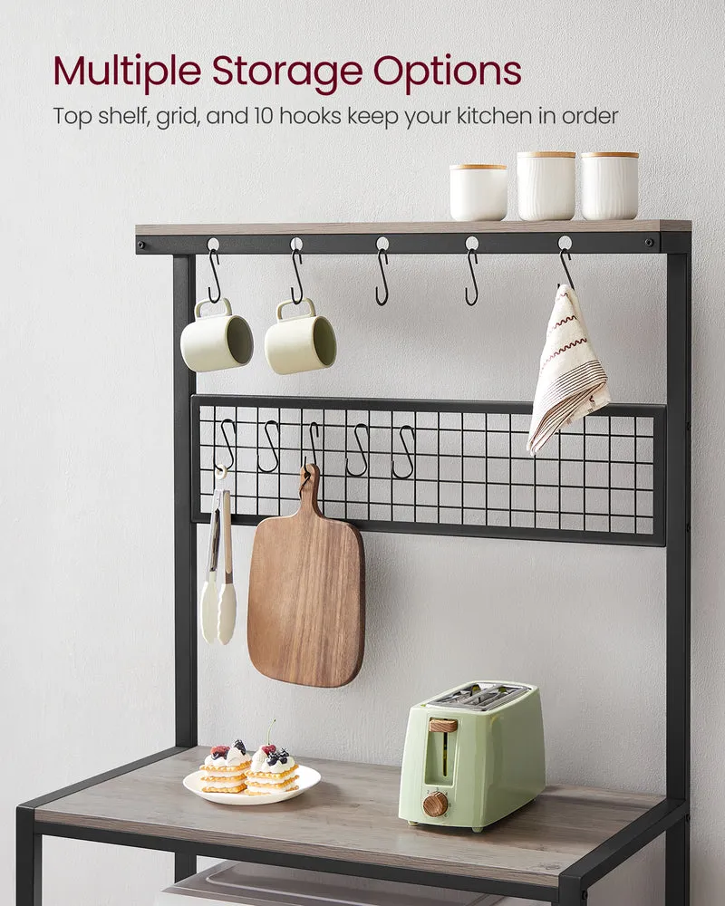 VASAGLE Kitchen Bakers Rack Coffee Bar Storage Shelf Island Rack Microwave Stand with 10 Hooks 3 Shelves Greige and Black